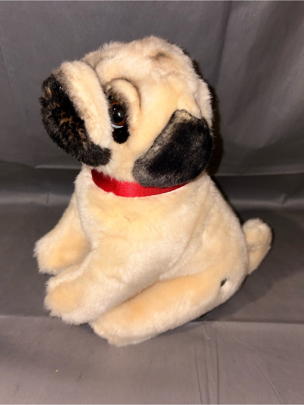 FAO Schwarz Cream Plush Pug with Black Accents and Red Collar